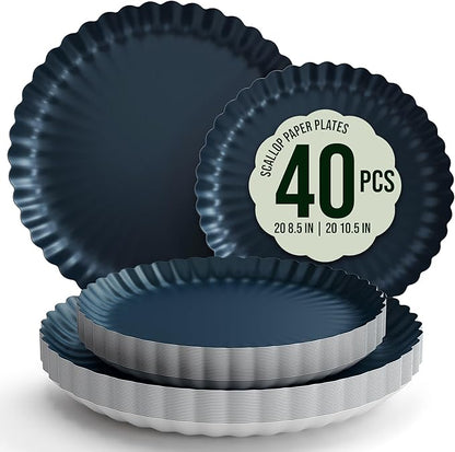 Trendables Scalloped Paper Plates 8.5 Inch & 10.5 Inch 40 Pcs Dinner Plate Set Fancy Disposable Plates for Party for 20 Guests 20 X 8 & 20 X 10 Large & Small Paper Plate Set for Parties Black Aqua