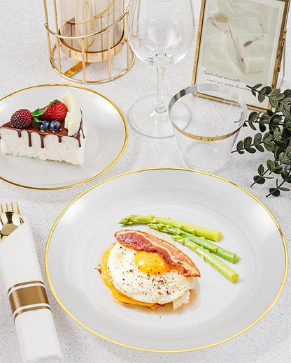 Morejoy 60Pcs Pearl White Plastic Plates,White Disposable Plates With Gold Rim,Heavy-duty Gold Plates, Modern swirl design Plate Include 30Clear Dessert-Platos,30Dinner-Platos for Party&Christmas
