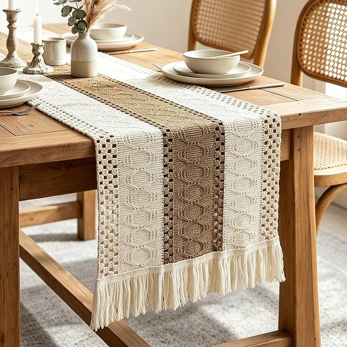 Textured Macramé Table Runner, Cotton and Jute Blend, 30 x 140 cm by Vkinman