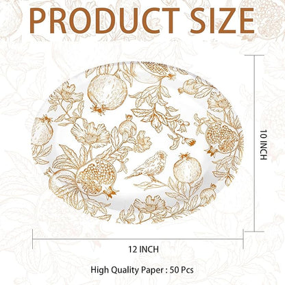Grencian 50Pcs Fall Brown Pomegranate Oval Paper Plates 10"x12" Large Thanksgiving Party Plates Disposable Heavy Duty Autumn Pomegranate Platter for Fall Theme Party Decorations Harvest Party Supplies