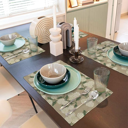 Beige Placemats Set of 4 Khaki Green Hydrangea Flower Decor Place Mats 12x18 Inch Vintage Floral Spring Summer Seasonal Decorative Linen Table Mats for Kitchen Dining Party Table Decoration