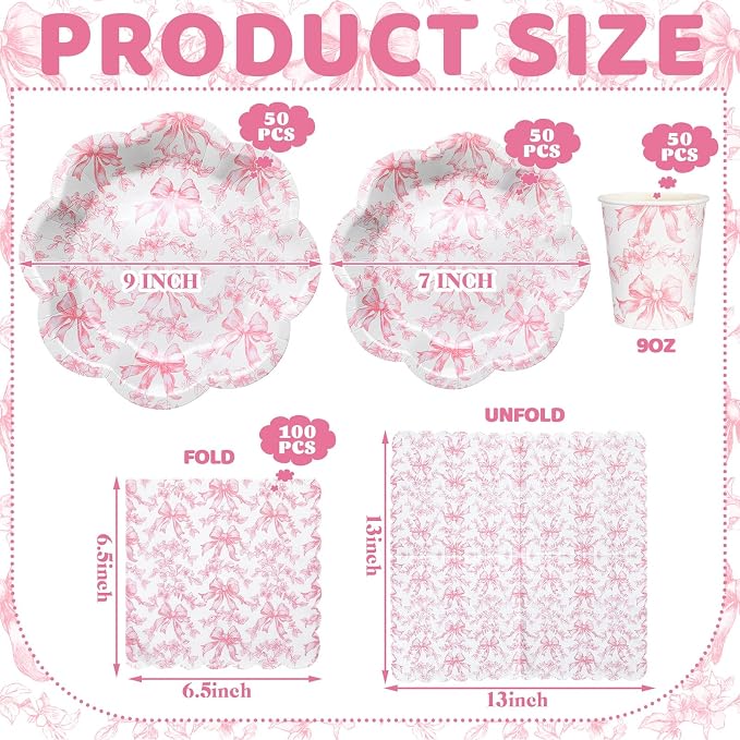 250 Pcs Pink Bow Disposable Paper Plate Napkins | Disposable Tableware Set - Image 2
