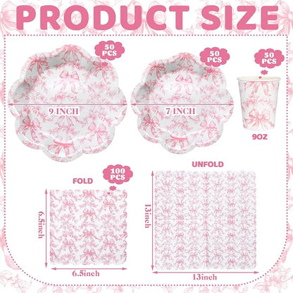 250 Pcs Pink Bow Disposable Paper Plate Napkins | Disposable Tableware Set - Image 2