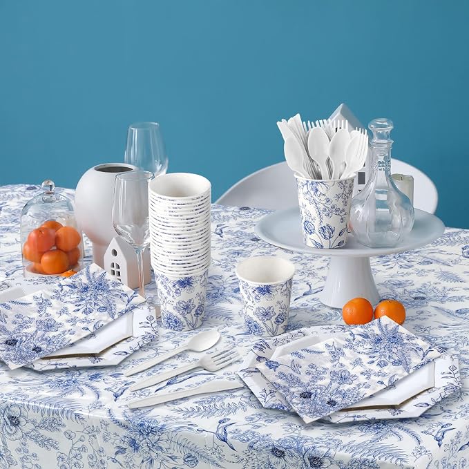 402 Pcs Blue Floral Disposable Tableware Set Serve 50 Baby Shower Party - Image 4