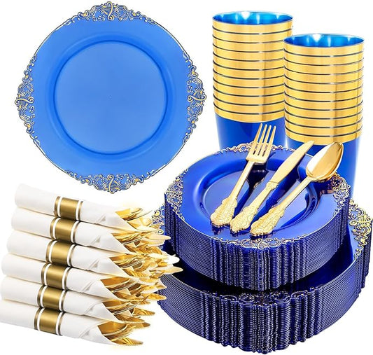 Hioasis 210pcs Blue and Gold Plates - Blue Party Plates for 30 Guest, Include 60 Heavy-duty Plates(20% Thicker Than Standard), 30 Pre Rolled gold Plastic goldware Set, 30 Cups