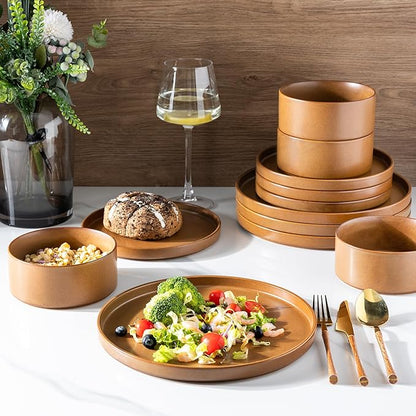 LERATIO Ceramic Dinnerware Sets for 6, High Edge Stoneware Plates and Bowls Set, Chip and Crack Resistant | Oven & Dishwasher & Microwave Safe Dishes Set, Service for 6