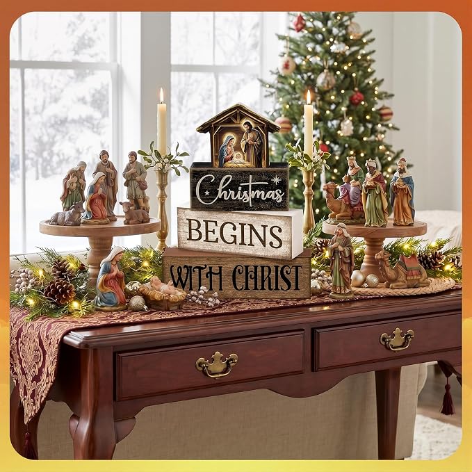 Moucuny 4 Pcs Christmas Table Decoration Christian Wooden Stacked Block Decor - Image 4