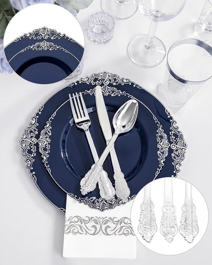 350 Pcs Blue Silver Plates for Graduation | Blue Party Plates Set for 50 Guests - Image 5