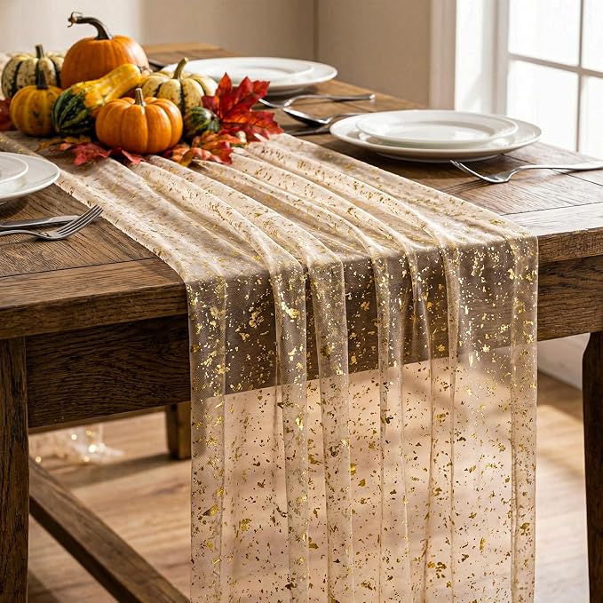 12PC Gold Sparkly Gauze Table Runner 120 Inch 10FT Dining Wedding Baby Shower - Image 4