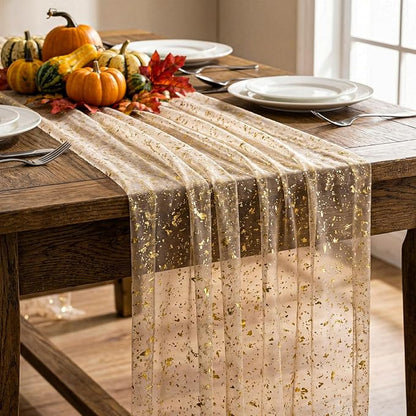 12PC Gold Sparkly Gauze Table Runner 120 Inch 10FT Dining Wedding Baby Shower - Image 4