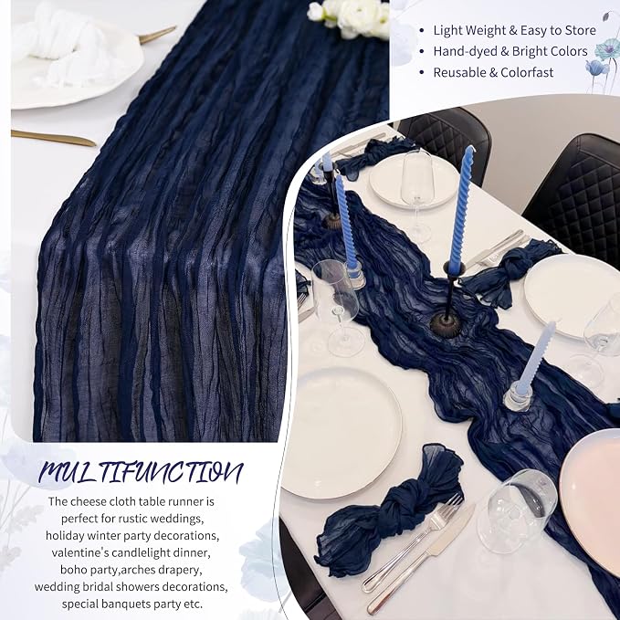 Showgeous 4 Pack Navy Blue Cheesecloth Table Runner, 17 x 108 Inches | Boho - Image 5