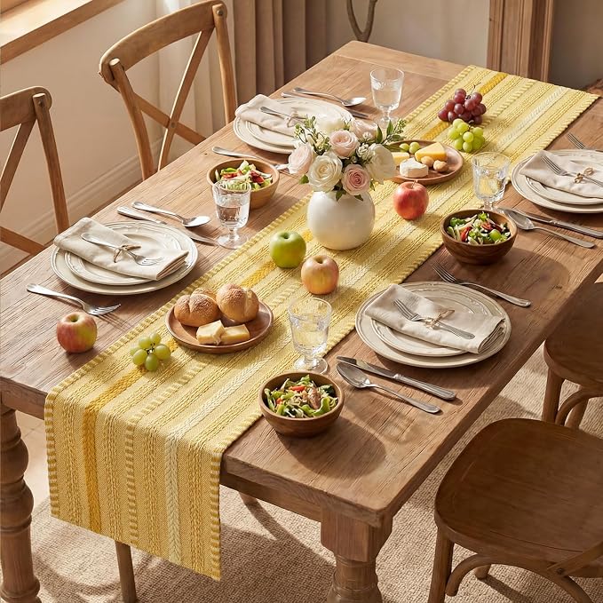 Artoid Mode Yellow Farmhouse Stripe Braided Table Runner 12x72 Inch | Holiday - Image 5