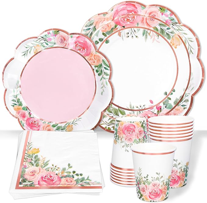 Whaline Floral Tableware Set Pink Flower Rose Gold Foil Disposable Party by Whaline