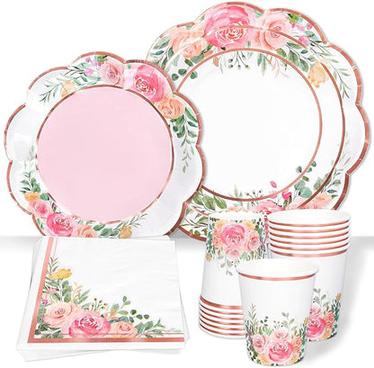 Whaline Floral Tableware Set Pink Flower Rose Gold Foil Disposable Party by Whaline