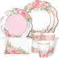 Whaline Floral Tableware Set Pink Flower Rose Gold Foil Disposable Party by Whaline