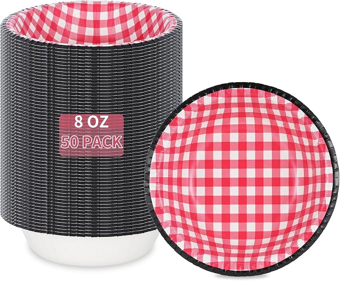 50 Pack Small Paper Bowls, 8 Oz Disposable Soup Bowl, Gingham Disposable Bowls by Unknown