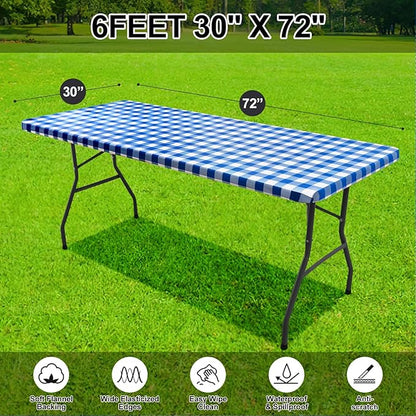 Smiry Rectangle Picnic Table Cloth, Elastic Waterproof Fitted Vinyl Tablecloths, Flannel Backed Buffalo Plaid Table Covers for Dining, Camping, Outdoor (White and Blue, 30" x 72")