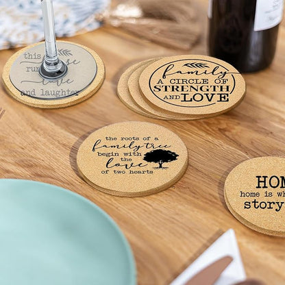 Coasters for Drinks with Holder Set of 6, Family Coasters Home&Love Coaster for New Home Couples House Warming Gifts Absorbent Cork Wood for Cup Desk Coffee Table Office Kitchen Decor, Round 4"