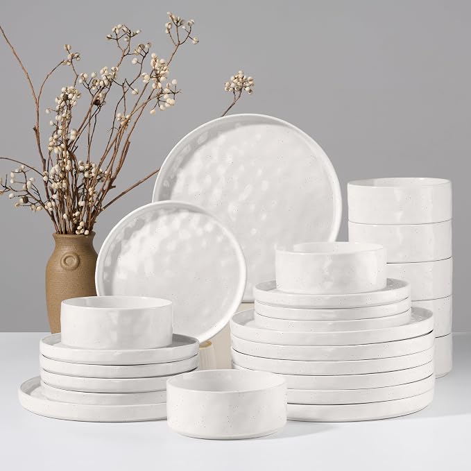 HaWare Dinnerware Sets, 24-Piece Plates and Bowls Set, Speckled White | by HaWare