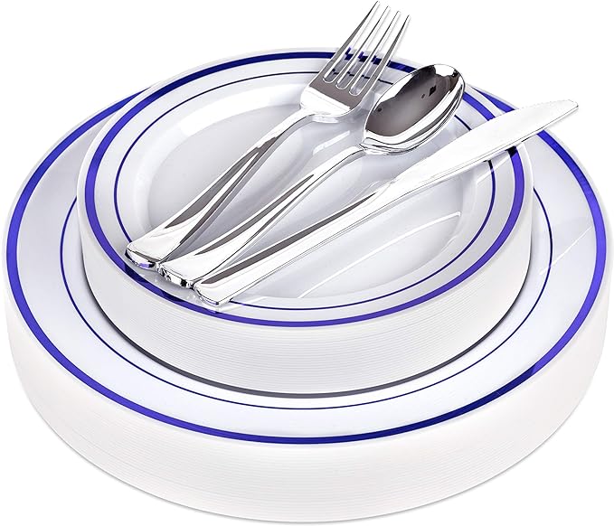 125-Piece White and Blue Fancy Plastic Plates Disposable by StockYourHome