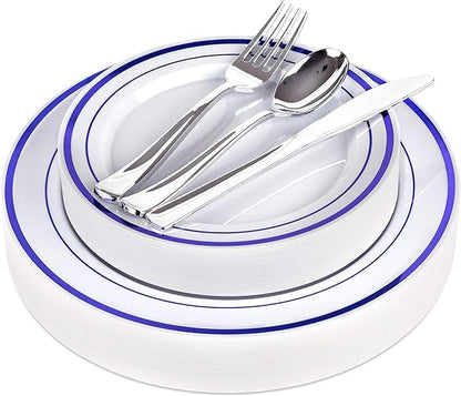 125-Piece White and Blue Fancy Plastic Plates Disposable by StockYourHome