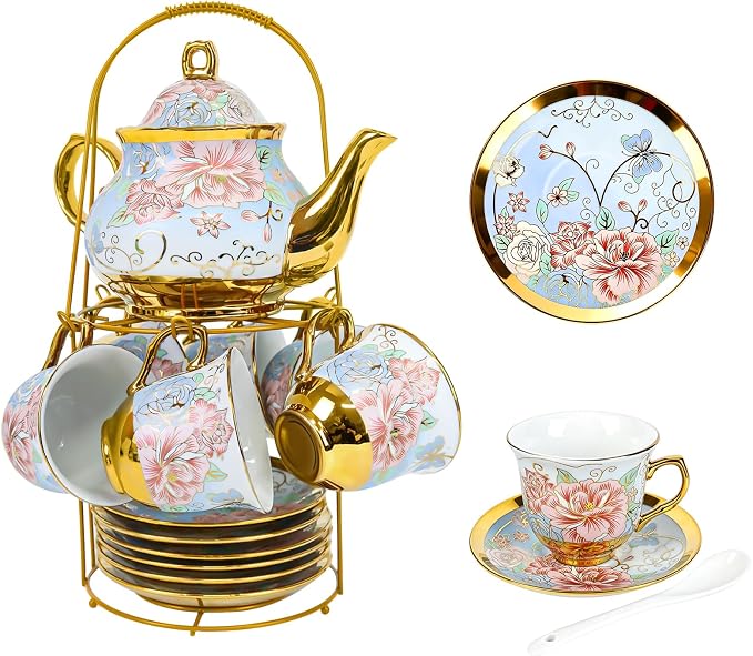 20-Piece Porcelain Tea Sets for Adults, Includes Tea Cups and Saucers, Spoons & by LYTDMSKY