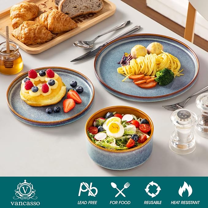vancasso ONION Ceramic Plates and Bowls Sets, 24 Pieces Blue Dinnerware Sets - Image 3