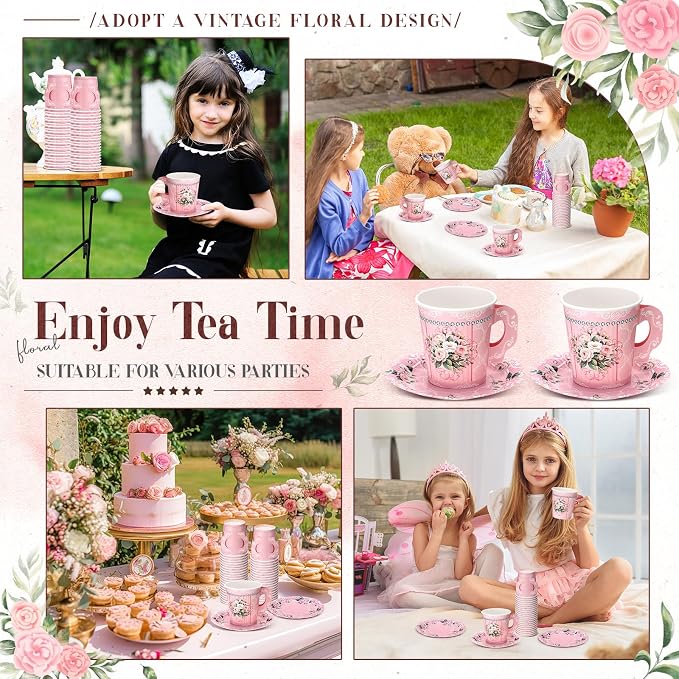Nuogo 200 Pcs Floral Paper Tea Cups and Saucers 7 oz Disposable Paper Teacups - Image 7