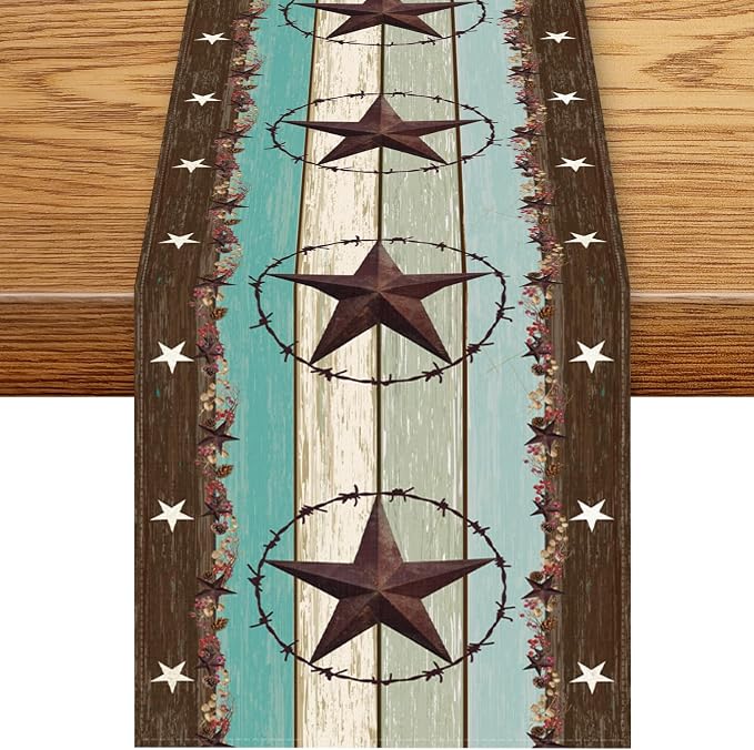 Western Table Runner, Rustic Farmhouse Texas Star Brown Wooden Plank Cowboy by Unknown