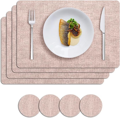 MOSAYT Faux Leather Placemats Set of 4, Heat Resistant Vinyl Place Mats with Coasters, Wipeable Washable Waterproof Oil Proof Table Mats for Kitchen Dining Indoor Outdoor, 12" x 17", Pink