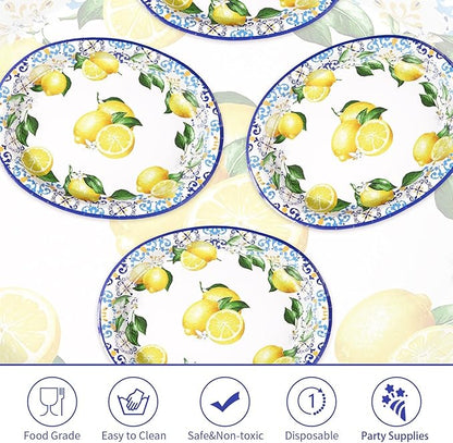 Grencian 50 Pcs Capri Lemon Oval Paper Plates 10"x12" Large Blue Tiles Yellow Lemon Plates Disposable 400 GSM Heavy Duty Capri Lemon Party Supplies for Summer Citrus Fruit Lemon Birthday Party Decor