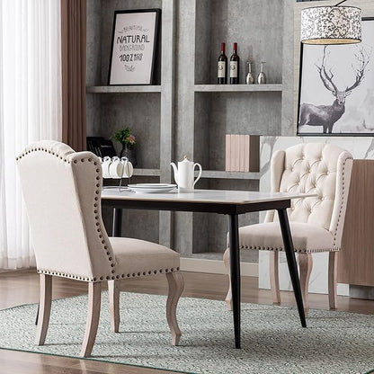 Dining Chairs Set of 4 Farmhouse Linen Fabric Upholstered Accent Chairs Tufted Wingback Host Side Chair for Kitchen/Dining Room/Living Room/Bedroom, Cream