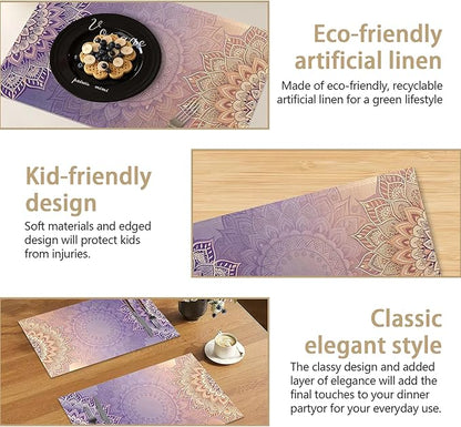 Mandala Floral Orange Placemats Set of 6, Red Linen Washable for Christmas, Thanksgiving, Party, and Daily Dining, Decorative Table Mats for 4-6 Person Table