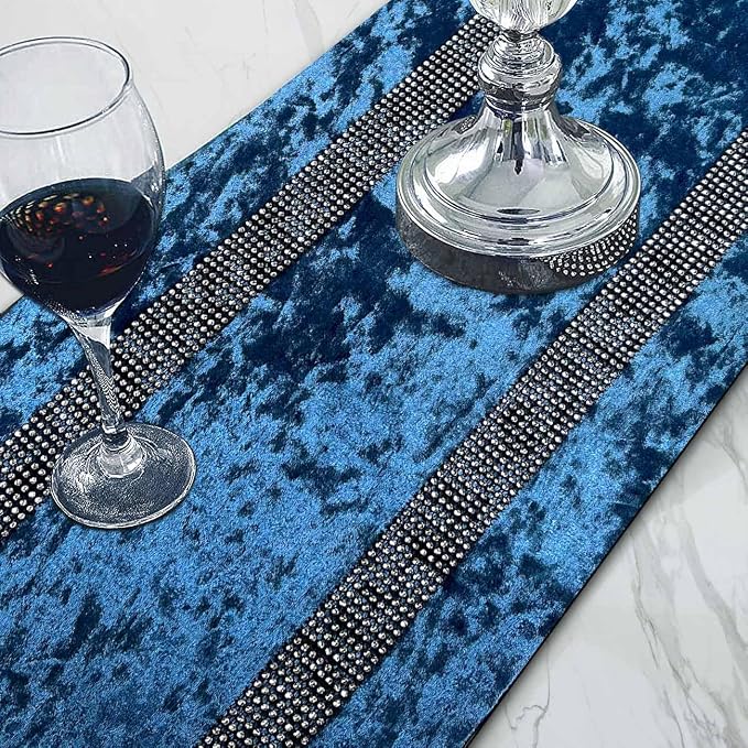 Elegant Blue Table Runner, Ombre Velvet, Diamante Stripes, Double-Layer - Image 2