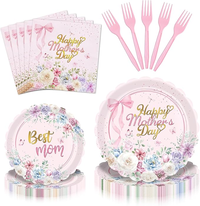 Gistome 96 Pieces Mother’s Day Floral Tableware Set – Pink Scalloped Disposable by GistomeHome