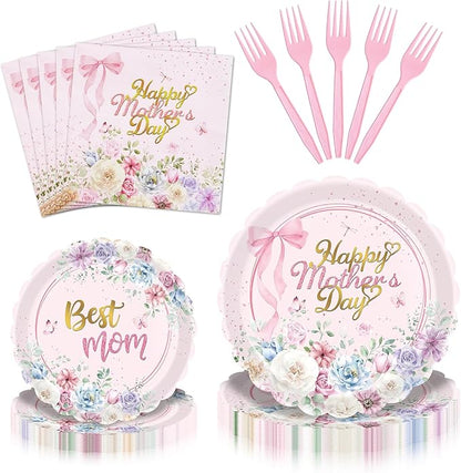 Gistome 96 Pieces Mother’s Day Floral Tableware Set – Pink Scalloped Disposable by GistomeHome