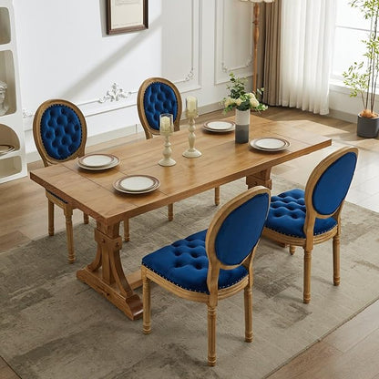 Ball & Cast French Vintage Upholstered Dining Chairs Set of 2, Button Tufted Kitchen Side-Chairs with Carved Antique Wood Frame & Nailhead Trims, 2-Piece Curved Backrest Louis Chair, Velvet Blue