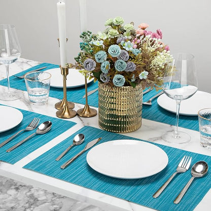 Winknowl Placemats Set of 6, Heat Resistant Stain Resistant Woven Vinyl Insulation Place mats, Durable Washable Elegant Table Mats for Kitchen Dining Table Decor (Teal Blue)