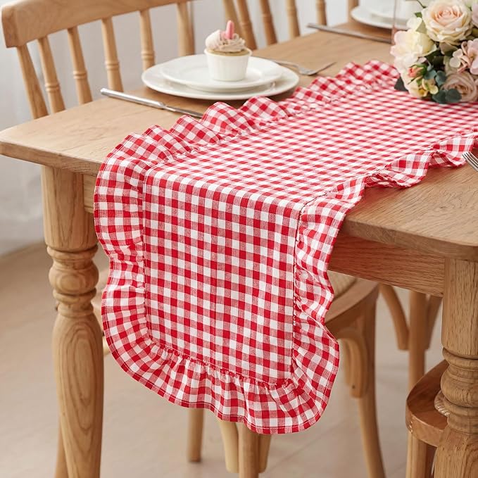 HunnmingRe 1 Pc Gingham Table Runner Red, 118 X 13.8 Inch | Cotton Dresser Scarf by HunnmingRe