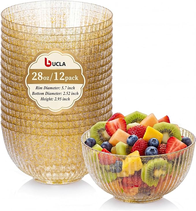 bUCLA 12 PCS Plastic Cereal Bowls Set - 28 Oz Gold Glitter Disposable Vertical by BUCLA