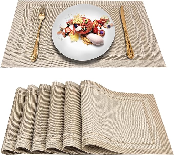 DACHUI Placemats Set of 8, Linen Look Woven Place Mats, Water Resistant, Heat Resistant, Washable, Durable Table Mats (Beige)