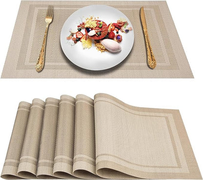 DACHUI Placemats Set of 8, Linen Look Woven Place Mats, Water Resistant, Heat Resistant, Washable, Durable Table Mats (Beige)