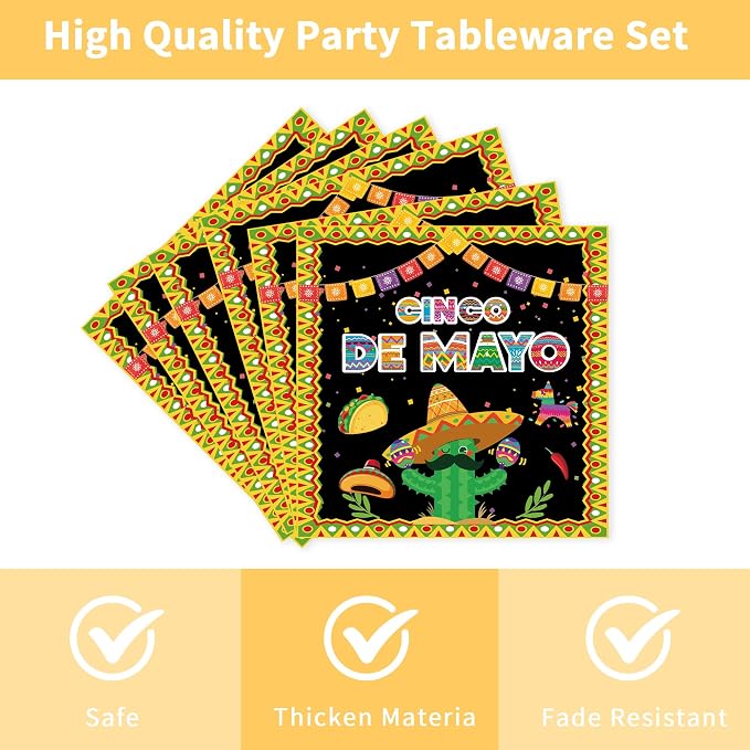 96 Pcs Cinco De Mayo Decorations, Fiesta Party Plates Napkins Forks - Image 4
