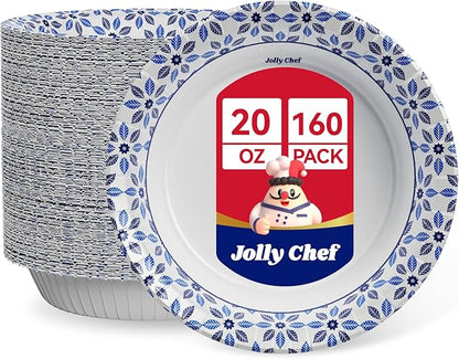 JOLLY CHEF 160 Count Paper Bowls 20 oz Soak Proof, Heavy Duty Printed Disposable Bowls Bulk for Dinner or Lunch