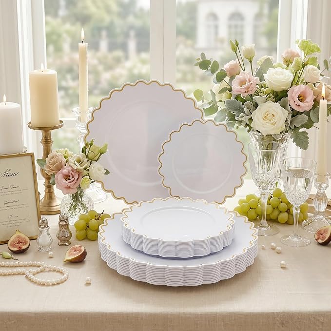 LIYH 100Pcs White Gold Plastic Plates Heavy Duty Disposable Party Set | - Image 7