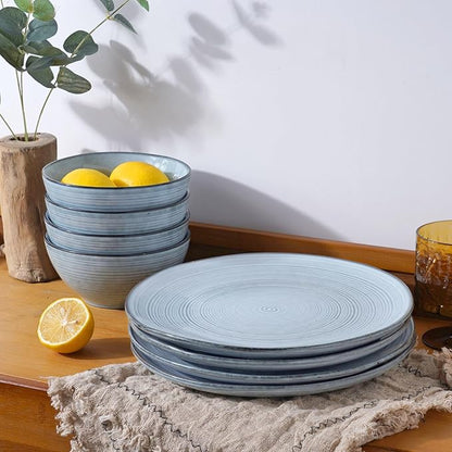 famiware Plates and Bowls Sets for 4, 12 Pieces Stoneware Dinnerware Sets, Dishes Set, Reactive Glaze Dishware Sets, Dishwasher & Microwave Safe, Tempus Series - Pearl Blue