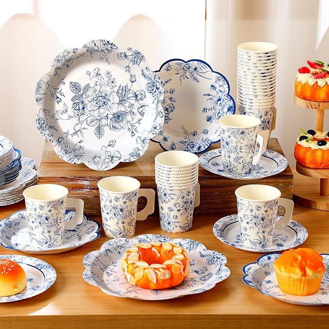 Pickmesh 252 Pcs Blue Floral Tea Party Supplies - Image 3