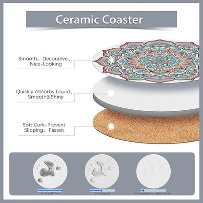 Drink Coasters Set of 6 with Holder,Mandala Boho Flower Absorbent Ceramic Coasters with Cork Base,Fit All Cups,Tabletop Protection Mat for Mugs and Cups,Office,Kitchen