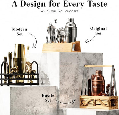 BARE BARREL® Mixology Bartender Kit Bar Set | 14-Piece Cocktail Shaker Set | Martini Barware Mixing Tools for Home Bartending | 35 Recipe Cards | Gift Set (28oz Boston Shaker, Gold/Black)