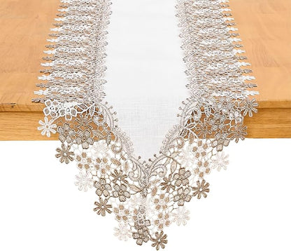 White Beige Floral Lace Table Runner Dresser Scarf | Floral Lace Border by Winotic